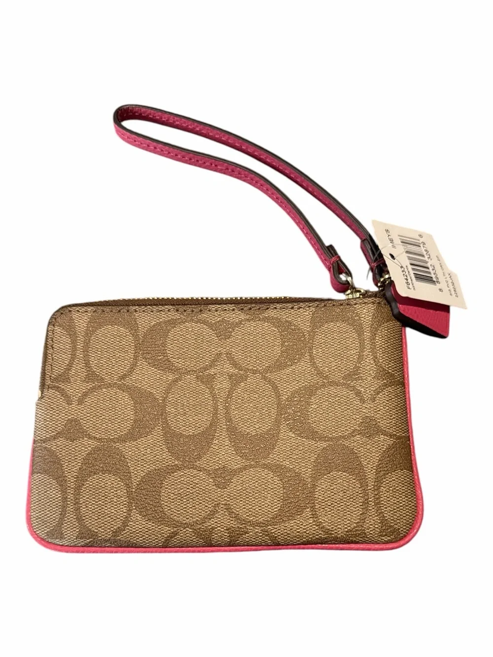 NWT COACH Small Corner Zip Wristlet Signature Khaki Saddle Strawberry Pink